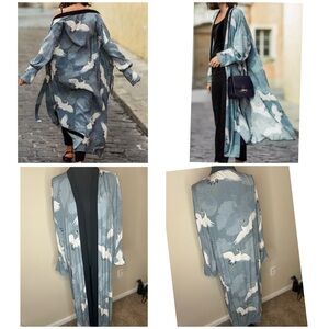 Blue and White Long Kimono with Bird Print